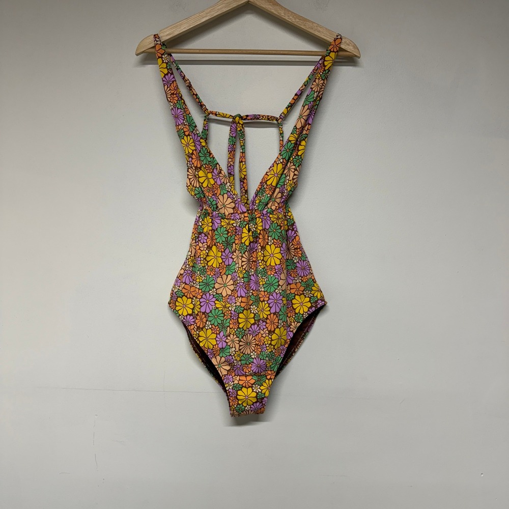 Roxy Floral Print One Piece Swimsuit Size L Multicolor Retro Boho